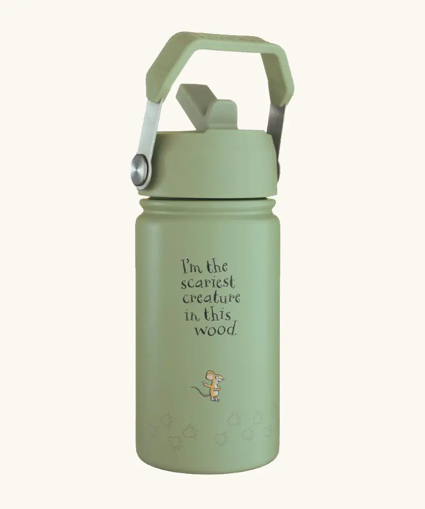 One Green Bottle insulated stainless steel bottle in green with a Gruffalo mouse design and carry handle