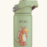 One Green Bottle stainless steel bottle in green with a Zog character, carry handle and flip lid