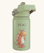 One Green Bottle stainless steel bottle in green with a Zog character, carry handle and flip lid