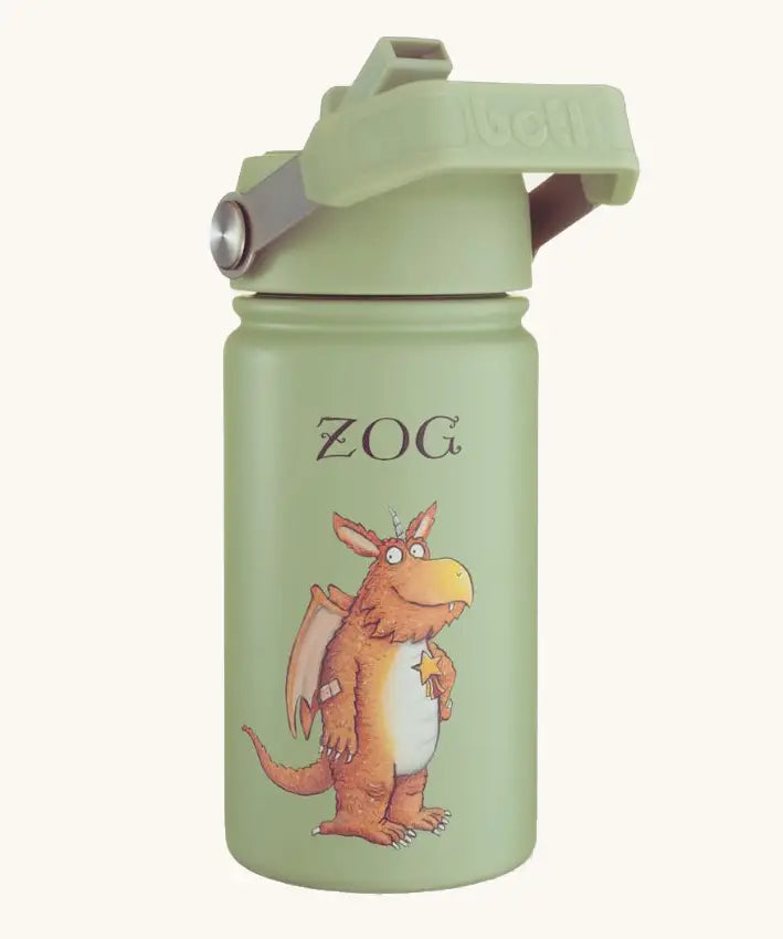 One Green Bottle stainless steel bottle in green with a Zog character, carry handle and flip lid