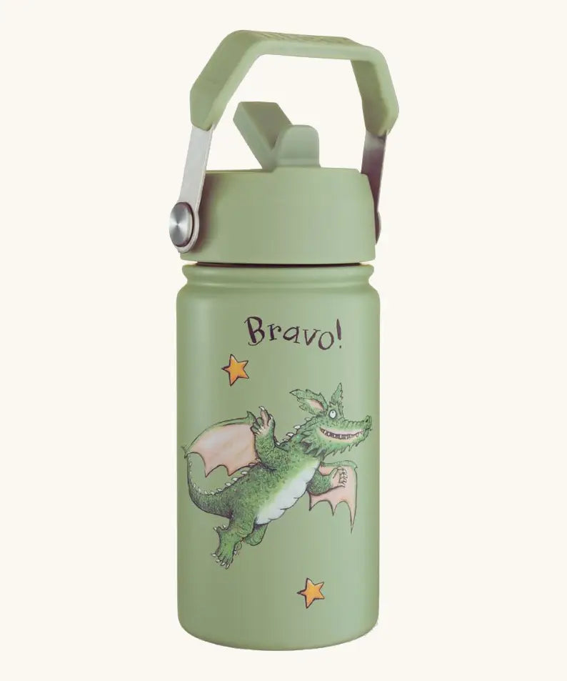 One Green Bottle insulated stainless steel bottle in green with a Zog character and carry handle
