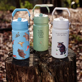 All 3 One Green Bottle collection bottles standing on a tree trunk showing the different Gruffalo characters