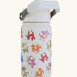 One Green Bottle stainless steel bottle in cream with a repeating Zog design, carry handle and flip lid