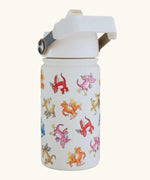 One Green Bottle stainless steel bottle in cream with a repeating Zog design, carry handle and flip lid