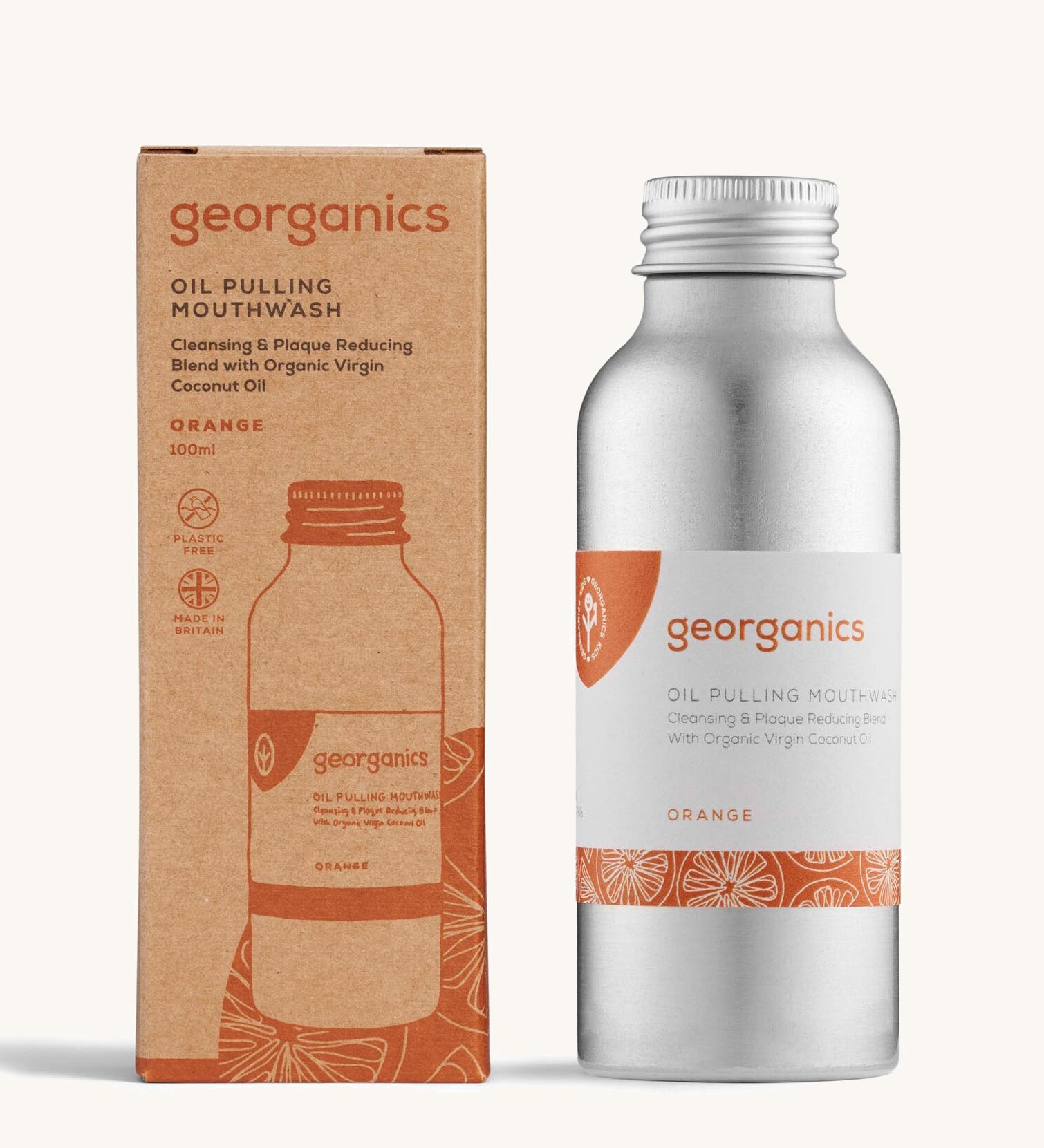 A bottle of the Georganics orange oil pulling mouthwash with the box