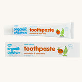Organic Babies Toothpaste Mandarin & Aloe Vera on a plain background. 
