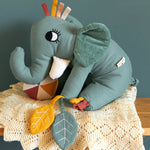 The Roommate Elephant activity toy with a friendly face embroidery
