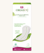 Organyc 20 Extra Long Panty Liners in a box on a plain background. 