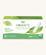 Super tampons in a box on a cream background.