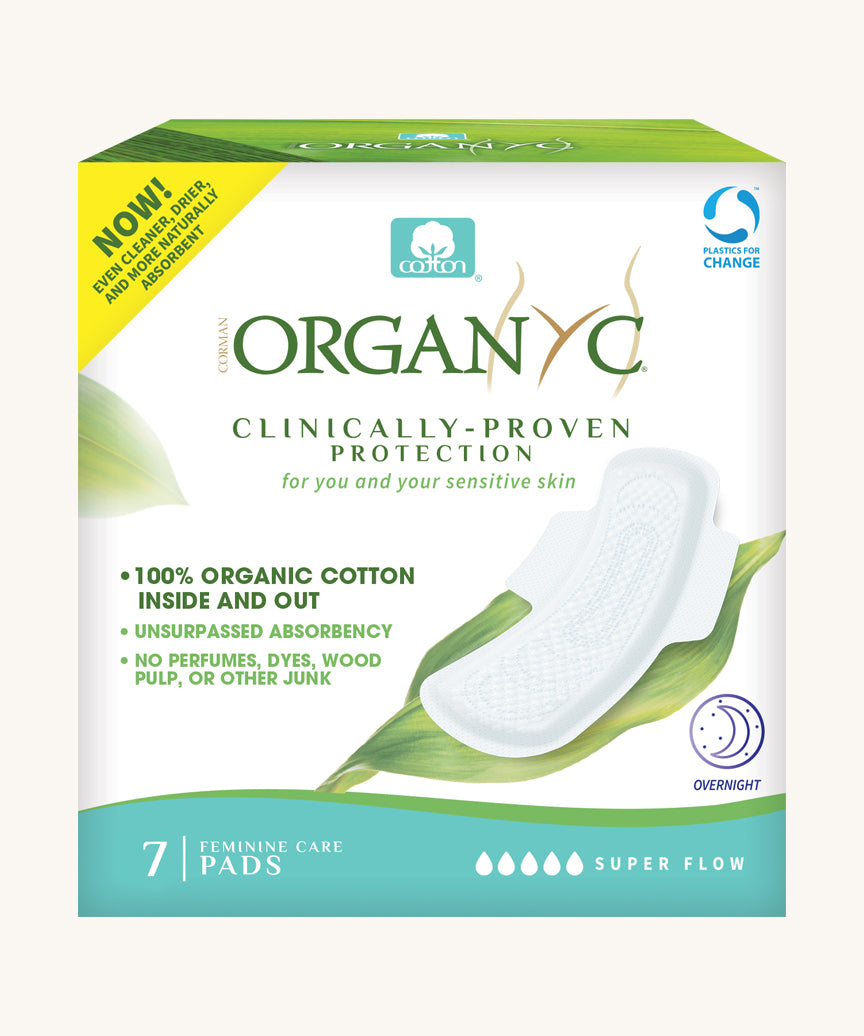 Organyc 7 Overnight Pads in their box on a plain background. 