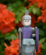 Close up of the face on the Ostheimer blue riding wooden knight.