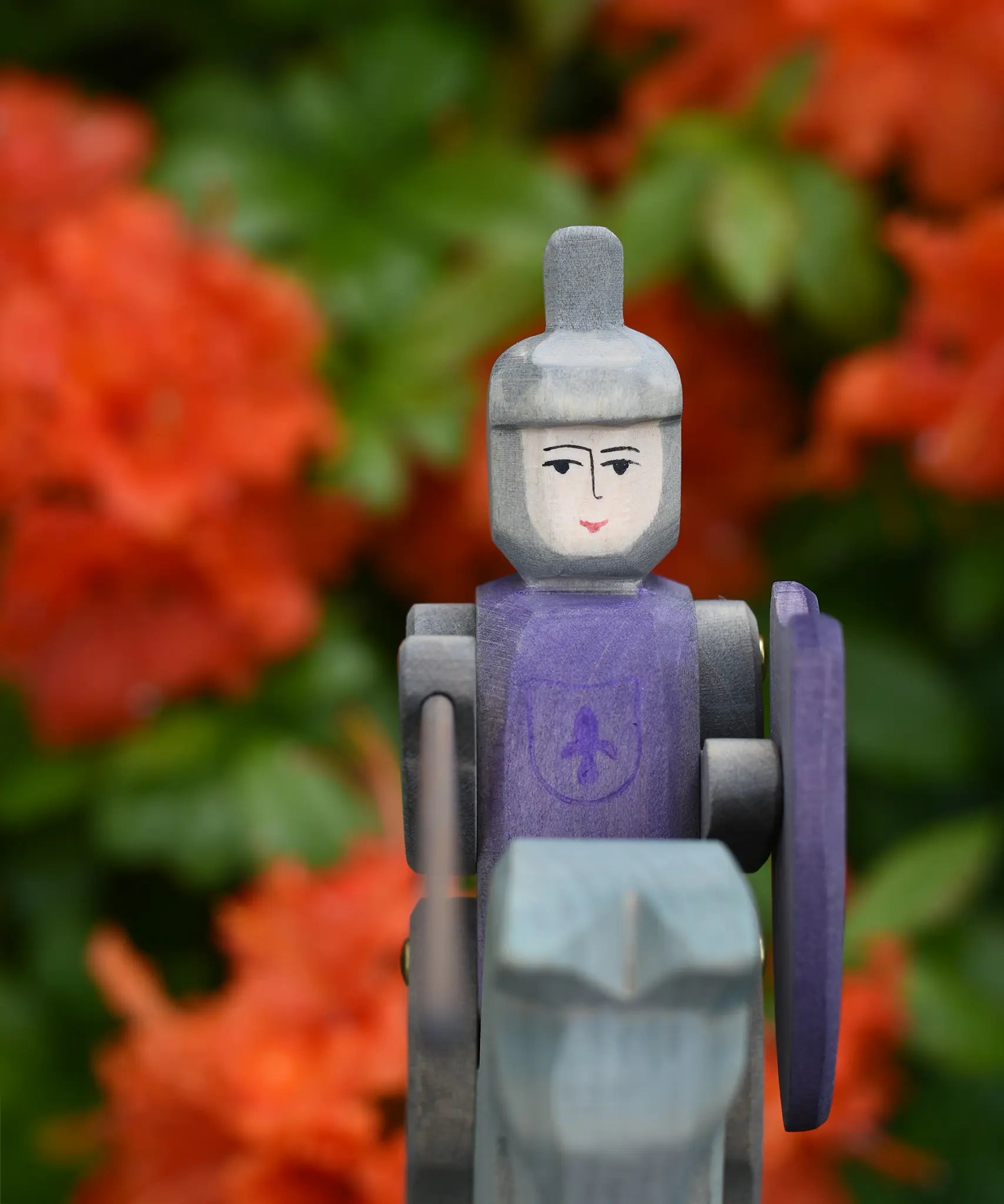 Close up of the face on the Ostheimer blue riding wooden knight.