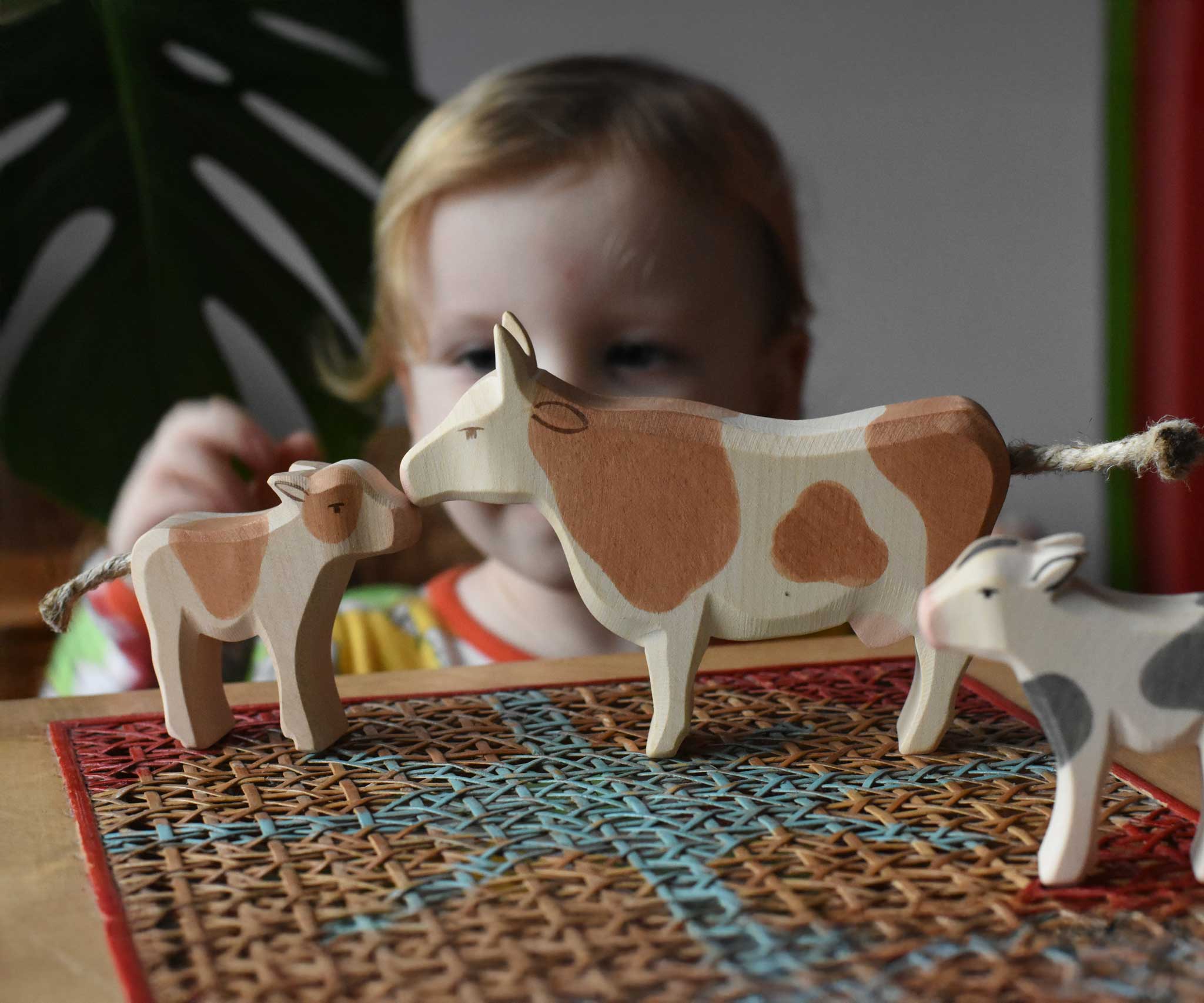 Child playing with Ostheimer wooden toy brown cow and calf figures.