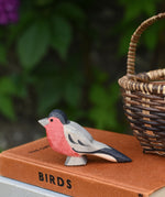 An Ostheimer bullfinch wooden toy bird figure placed on top a pile of old books next to a Kraul basket.
