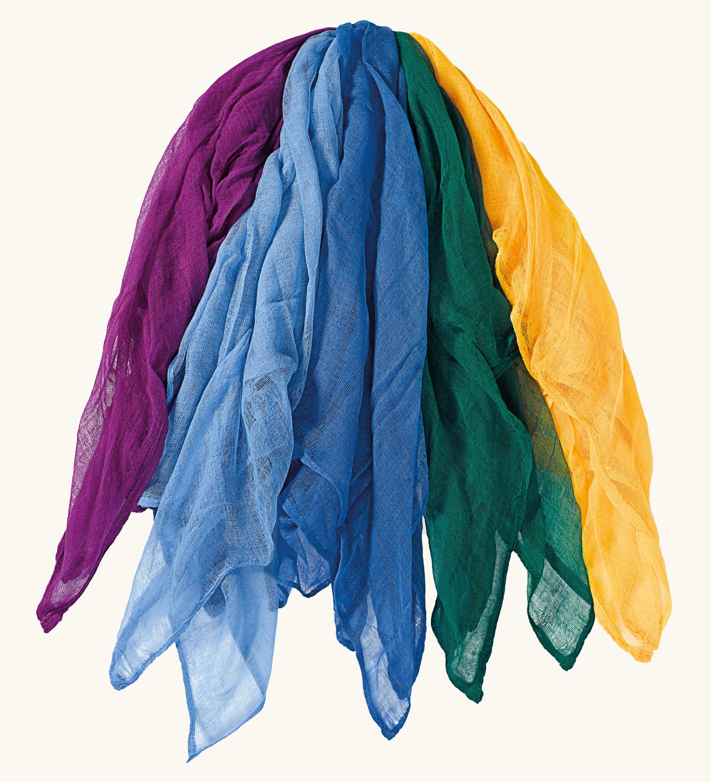 Ostheimer Christmas Decoration Scarves in a set of 5 scarves all with different colours on a plain background. The scarves are purple 2 different blue tones, a dark green and a yellow. 