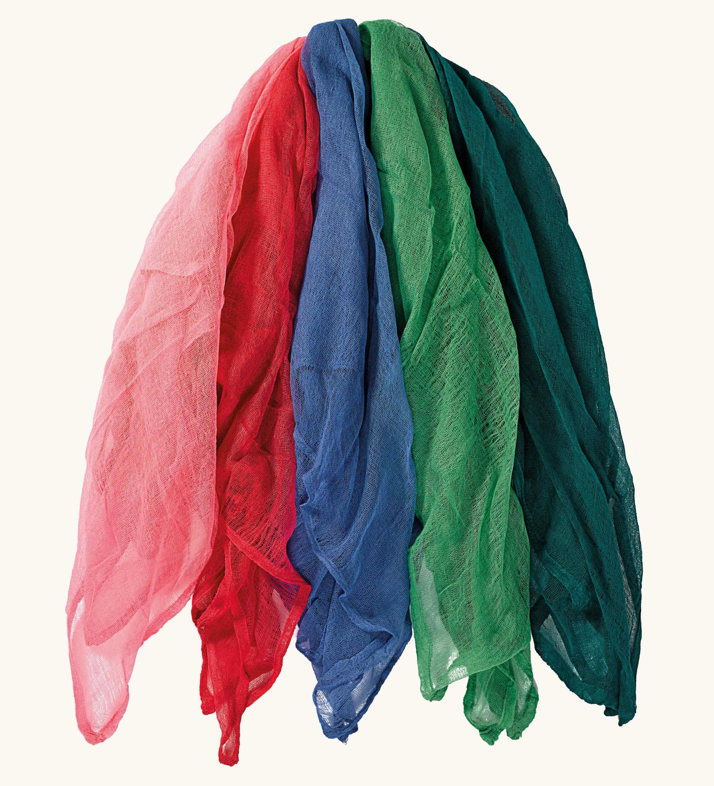 Ostheimer Fairy Tale Decoration Scarves in a set of 5 scarves all with different colours on a plain background. The scarves are pink, red, 2 different green tones, a blue. 