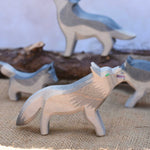 An Ostheimer fairy wolf , a grey coloured wolf with green eyes. This wooden toy wolf is the oldest of the Ostheimer wolves and a bit rugged in his design. This figure is perfect for use in fairy tales such as the little red riding hood. Check out our full range of expertly crafted wooden toy figures and scenery here at Babipur.