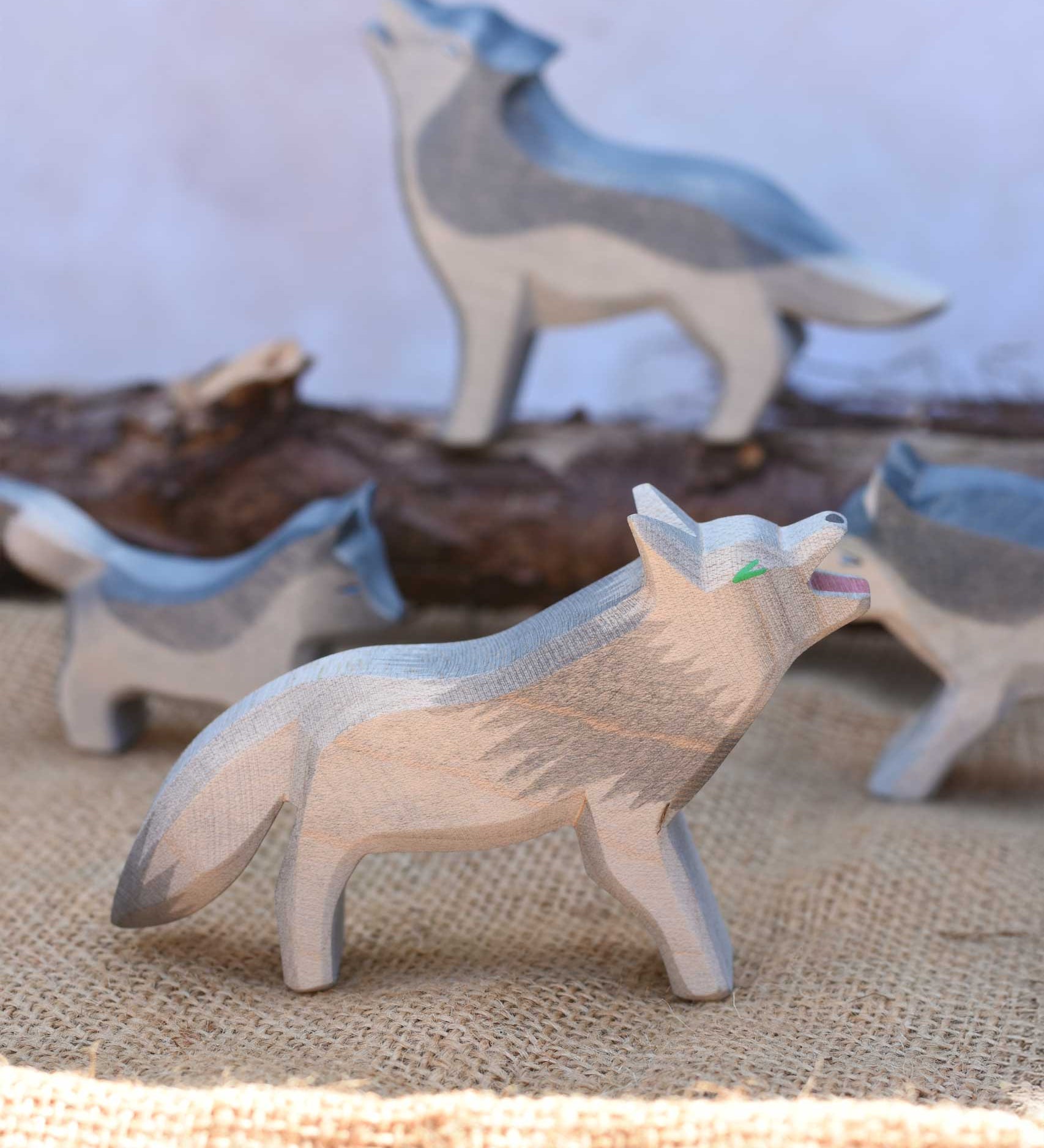 An Ostheimer fairy wolf , a grey coloured wolf with green eyes. This wooden toy wolf is the oldest of the Ostheimer wolves and a bit rugged in his design. This figure is perfect for use in fairy tales such as the little red riding hood. Check out our full range of expertly crafted wooden toy figures and scenery here at Babipur.