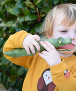 Ostheimer crocodile wooden toy figure in a child's hands.