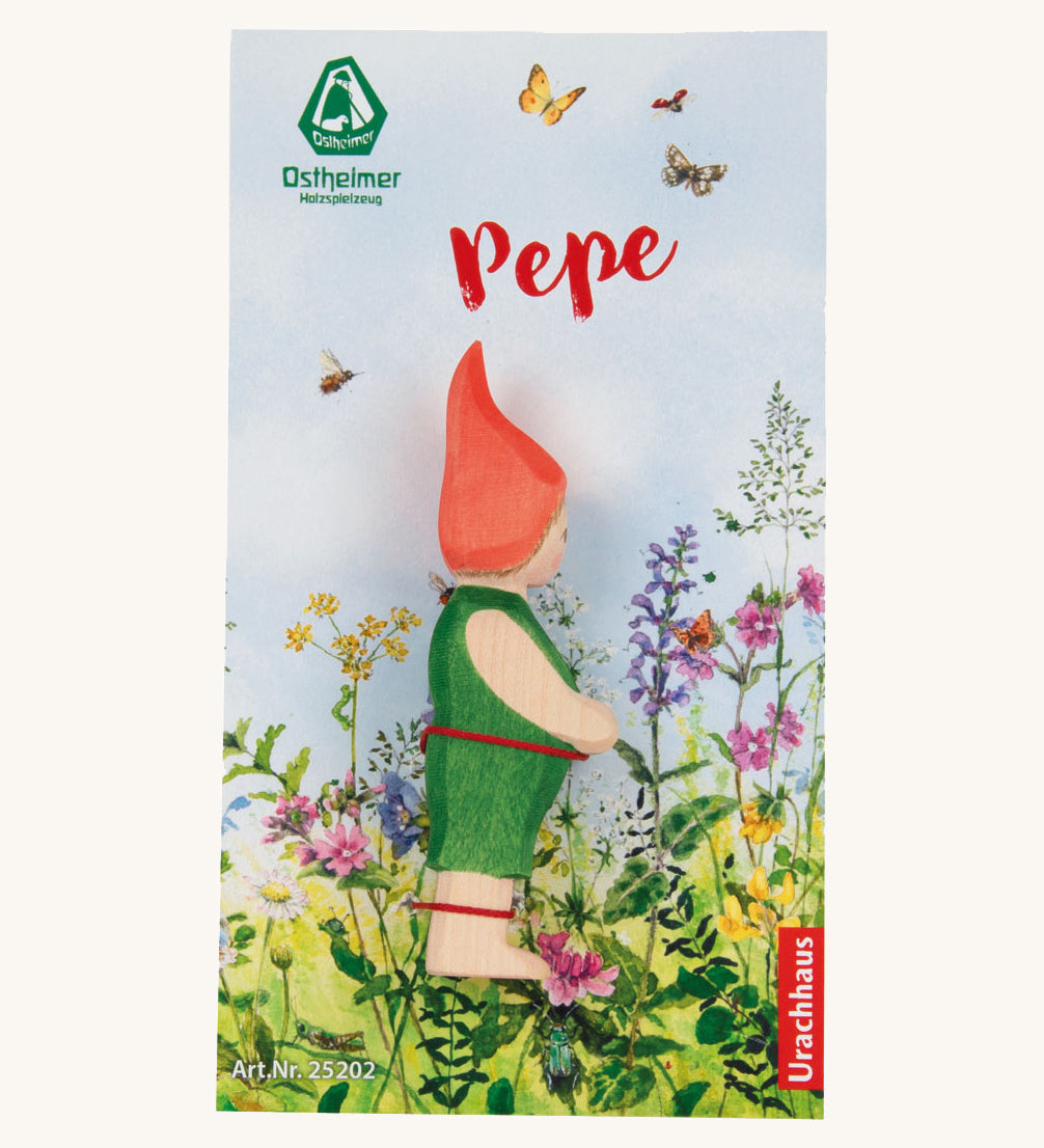 The Ostheimer hand made wooden 'Pepe' character figure from the German story “Pepe and Sumselinchen”, in special floral packaging. 