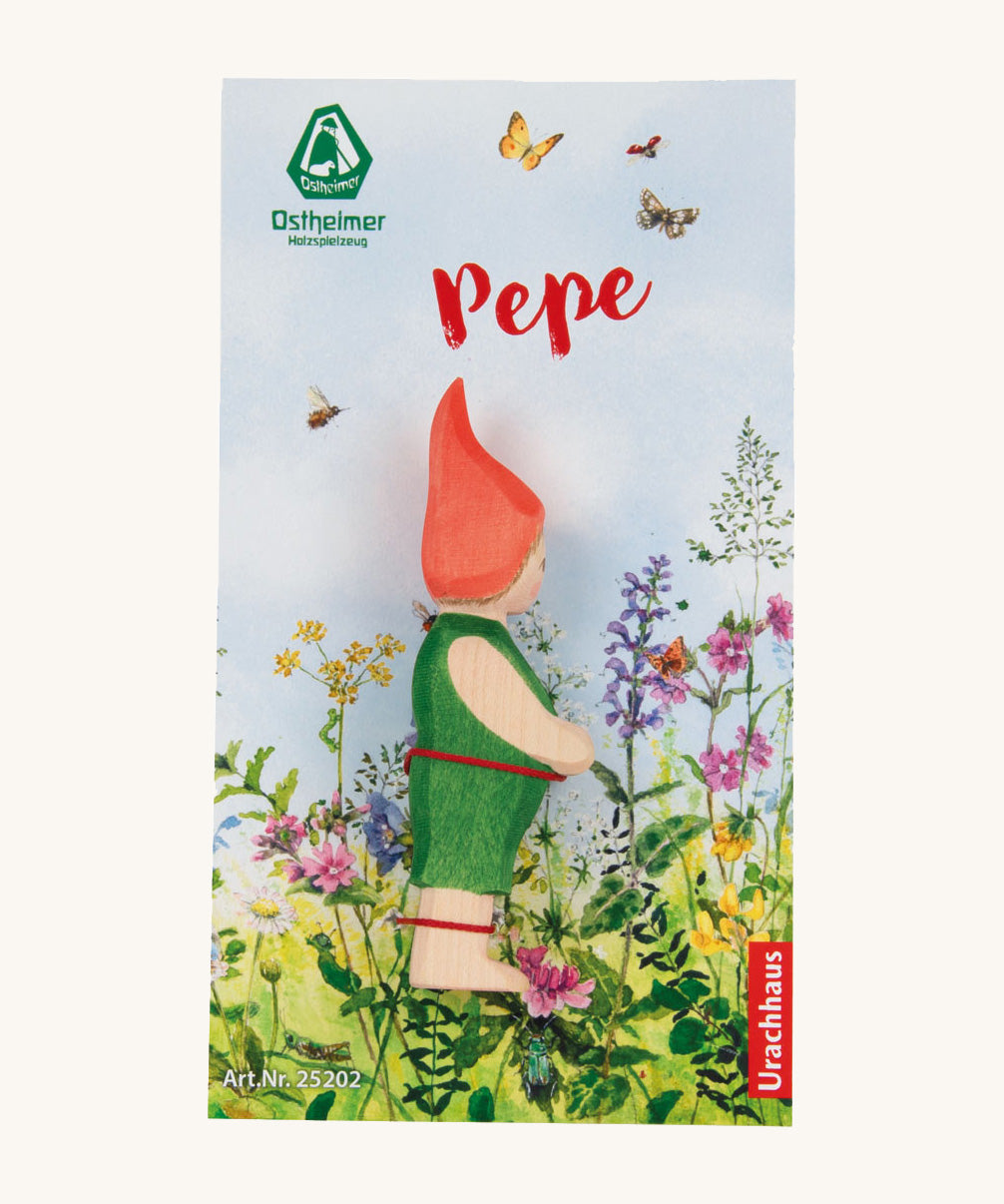 The Ostheimer hand made wooden 'Pepe' character figure from the German story “Pepe and Sumselinchen”, in special floral packaging. 