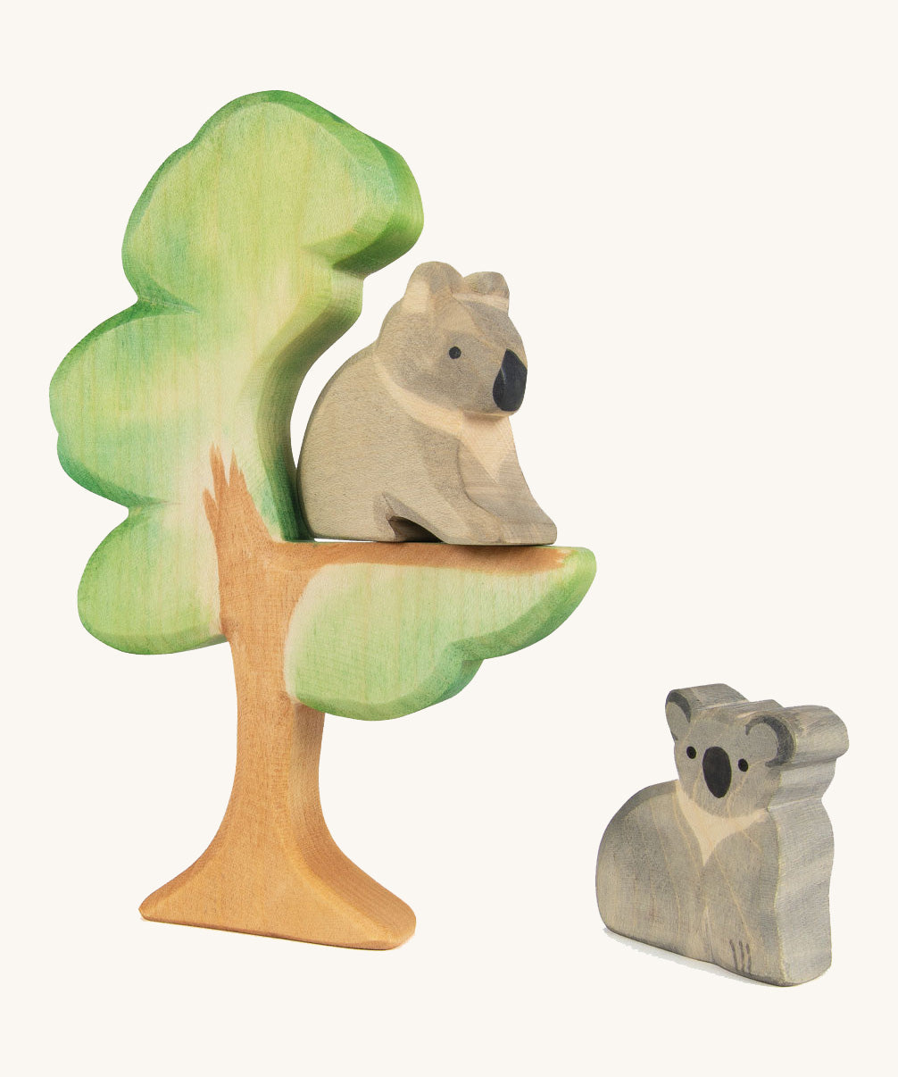 The Osheimer hand made and hand painted wooden Eucalyptus Tree toy, with wooden Koala figures.
