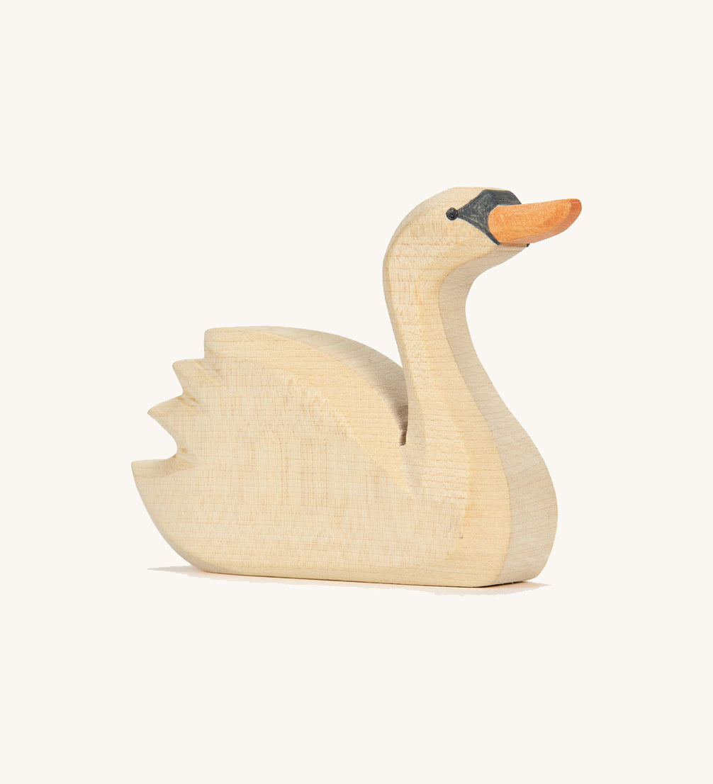 The Ostheimer hand made and hand painted swan wooden toy figure, with a stretched neck and a head held high.