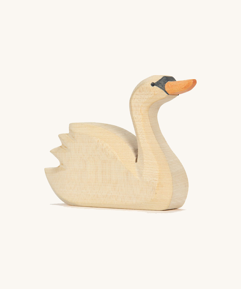 The Ostheimer hand made and hand painted swan wooden toy figure, with a stretched neck and a head held high.
