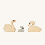 Three Ostheimer hand made wooden swan figures.