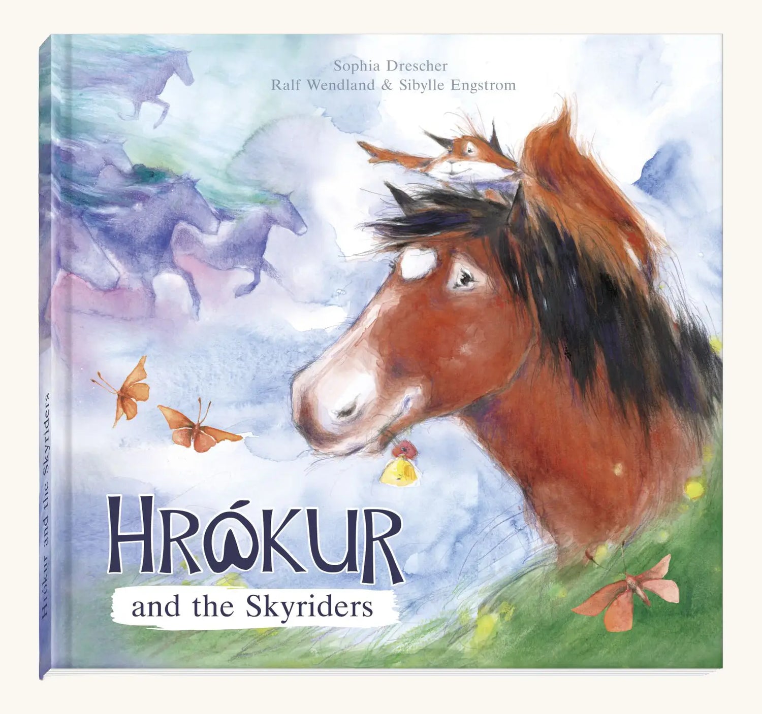 Ostheimer Hrokur and the Skyriders children's book. Showing a illustration of a horse and red squirrel  on the cover