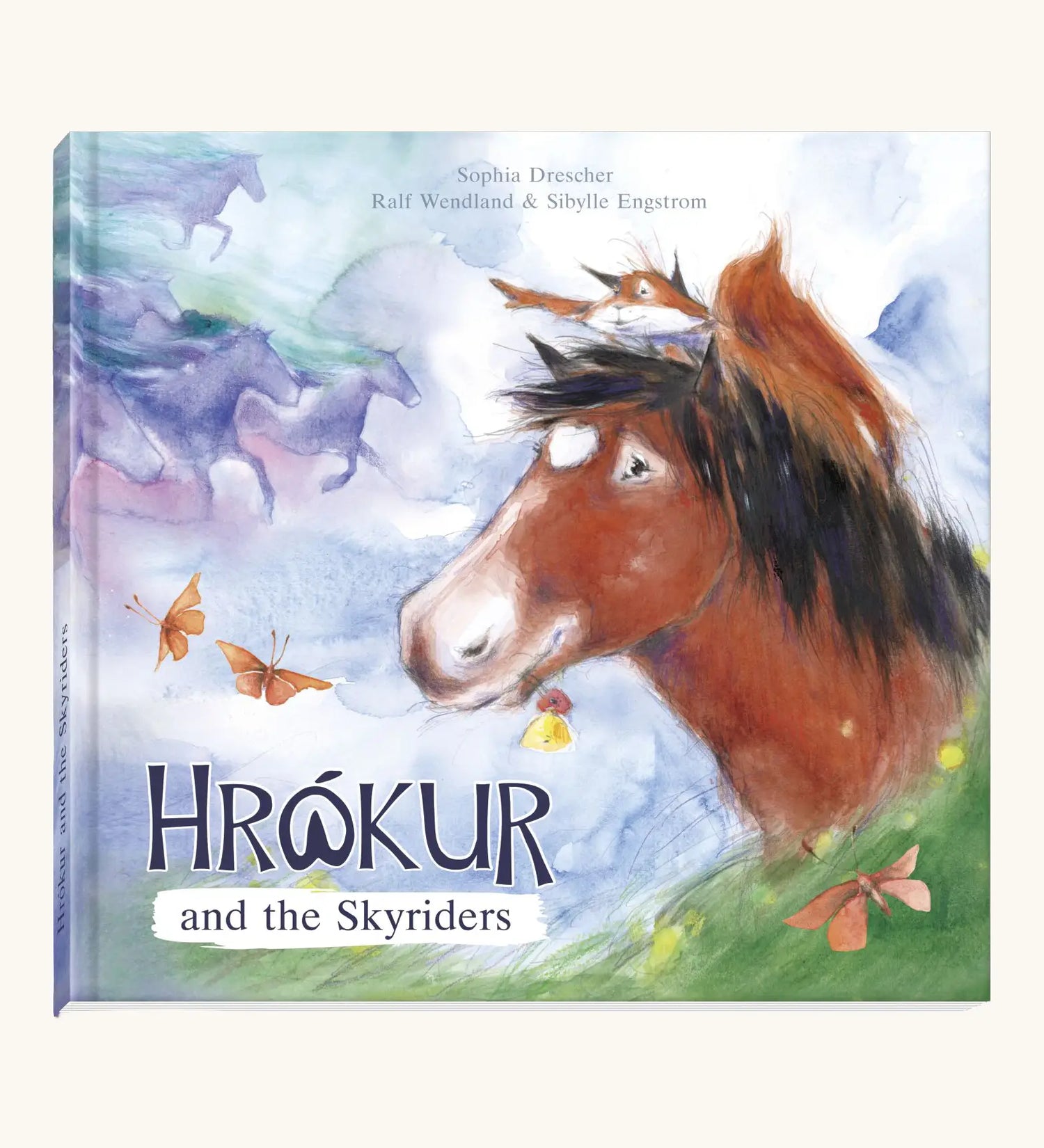 Ostheimer Hrokur and the Skyriders children's book. Showing a illustration of a horse and red squirrel  on the cover