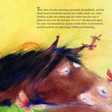 An open page from the Ostheimer Hrokur and the Skyriders children's book. Showing a illustration of a horse taking a nap