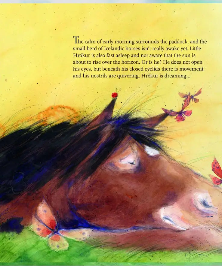 An open page from the Ostheimer Hrokur and the Skyriders children's book. Showing a illustration of a horse taking a nap