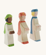 A collection of three Ostheimer  King's Page Three Wise Men Wooden Nativity Figures in green, blue and red outfits. These wooden figures are part of a wide range of expertly hand crafted wooden toys here at Babipur. 