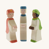 A collection of three Ostheimer  King's Page Three Wise Men Wooden Nativity Figures in green, blue and red outfits. These wooden figures are part of a wide range of expertly hand crafted wooden toys here at Babipur. 
