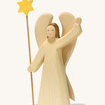 A large waving angel holding a staff with a yellow star on a cream background.