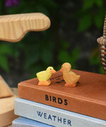 Ostheimer light chick and duckling placed next to each other on top of a pile of books.