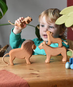 Child playing with Ostheimer lion family wooden toy figures in a small world play scene. 