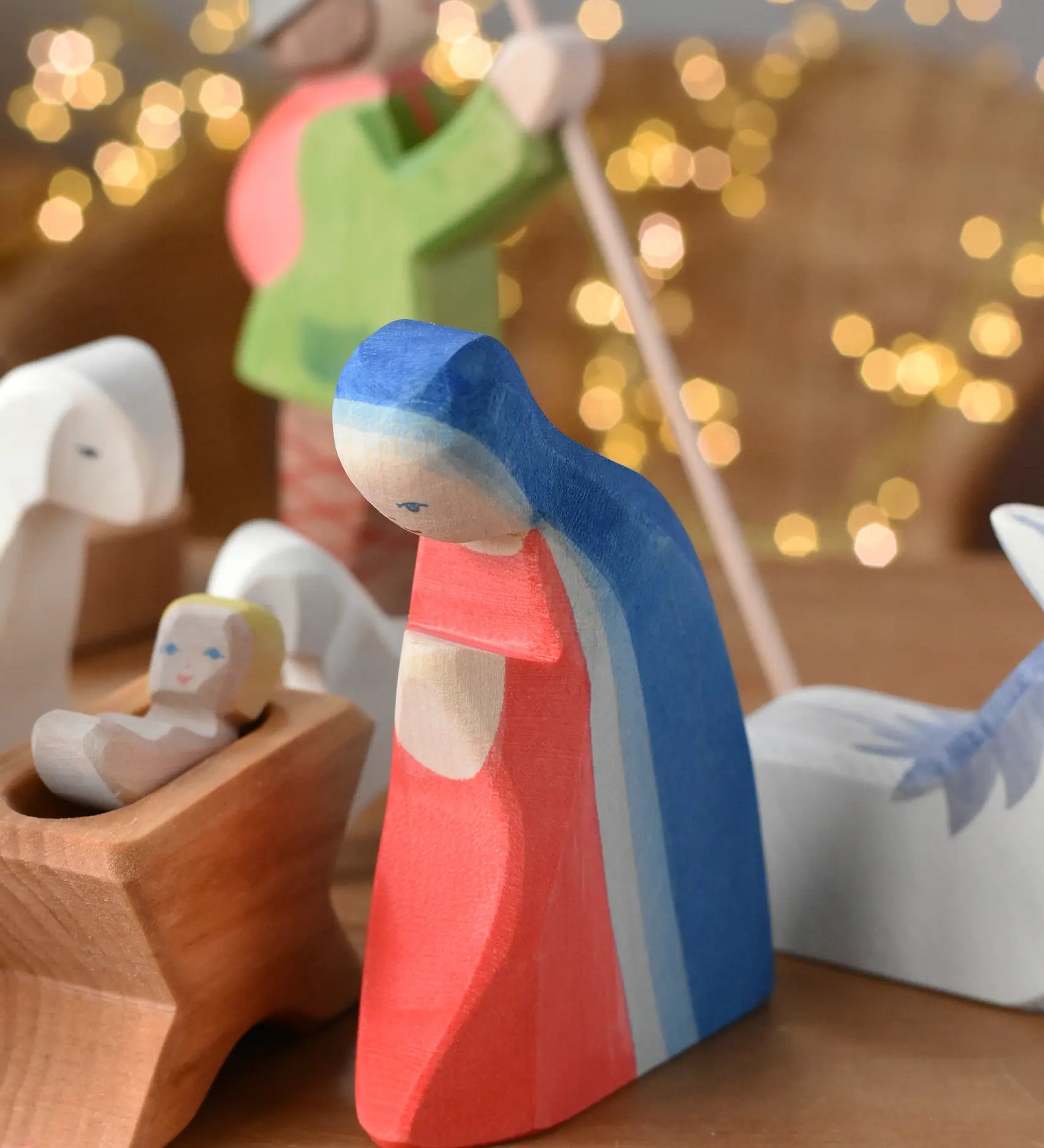 Ostheimer Mary wooden toy nativity figure in a small world play scene. 
