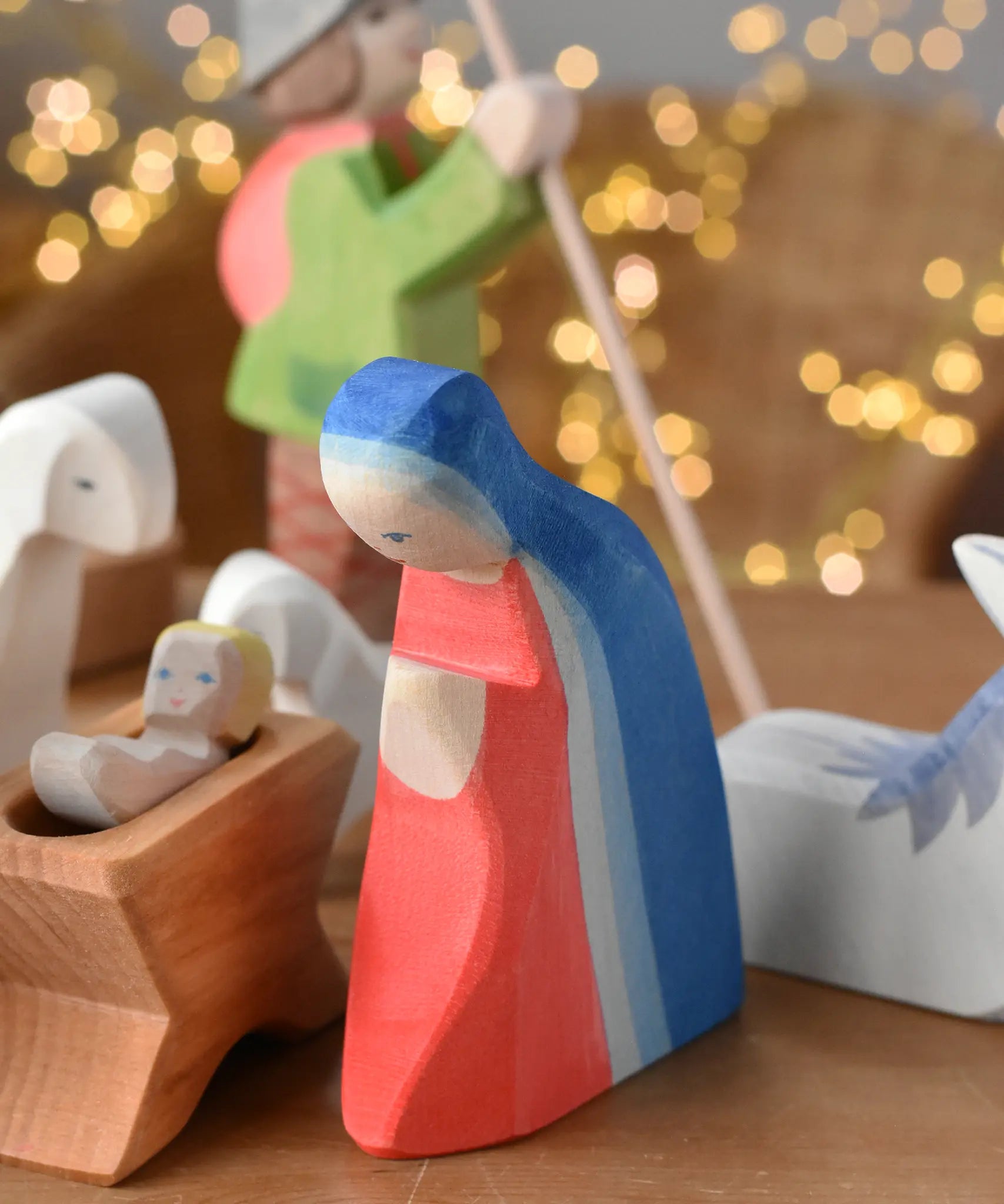 Ostheimer Mary wooden toy nativity figure in a small world play scene. 
