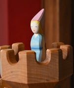 Close up of the Ostheimer medieval princess placed in the top of the round tower castle pieces. 