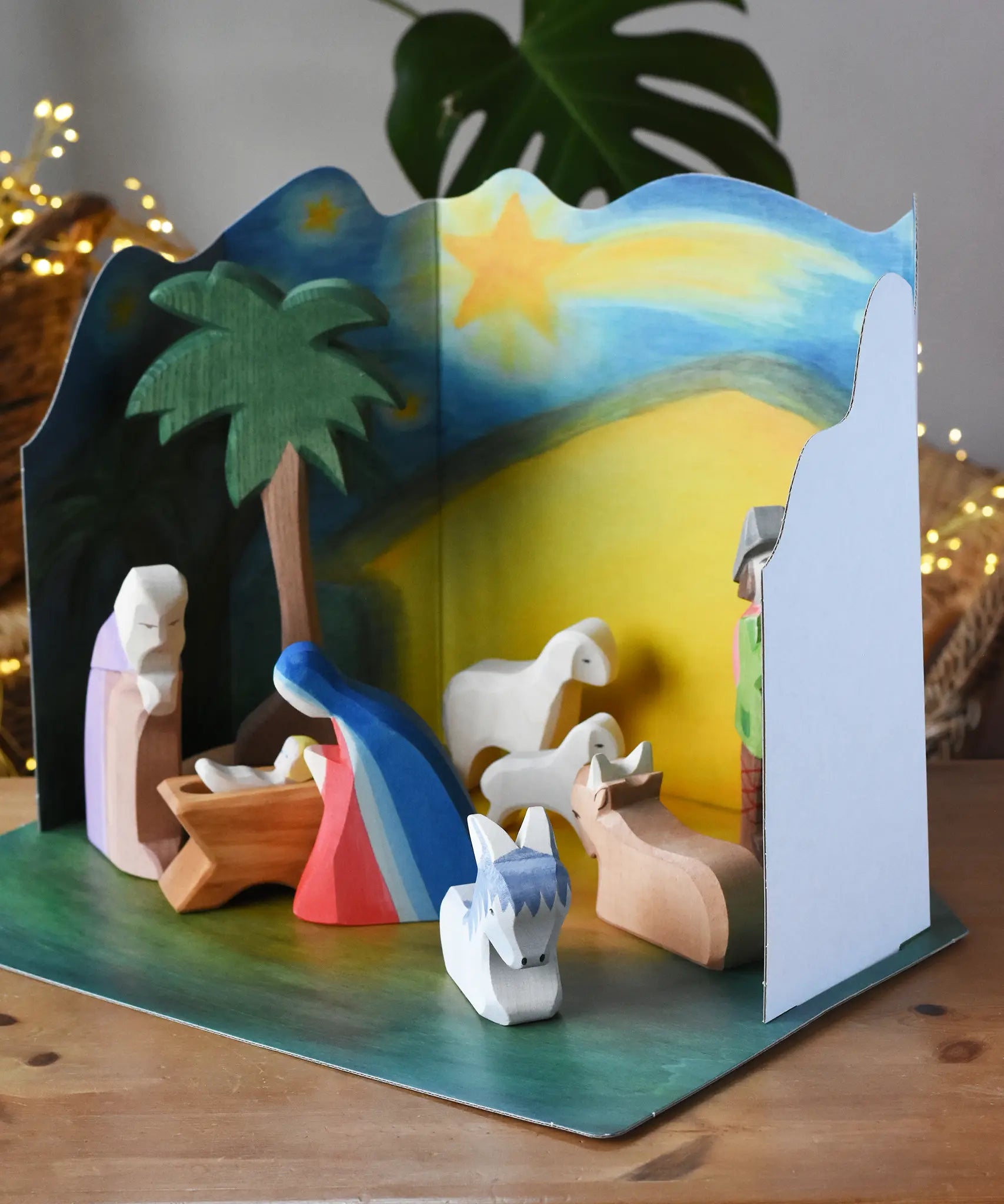 Ostheimer wooden toy nativity set with cardboard diorama scene. 