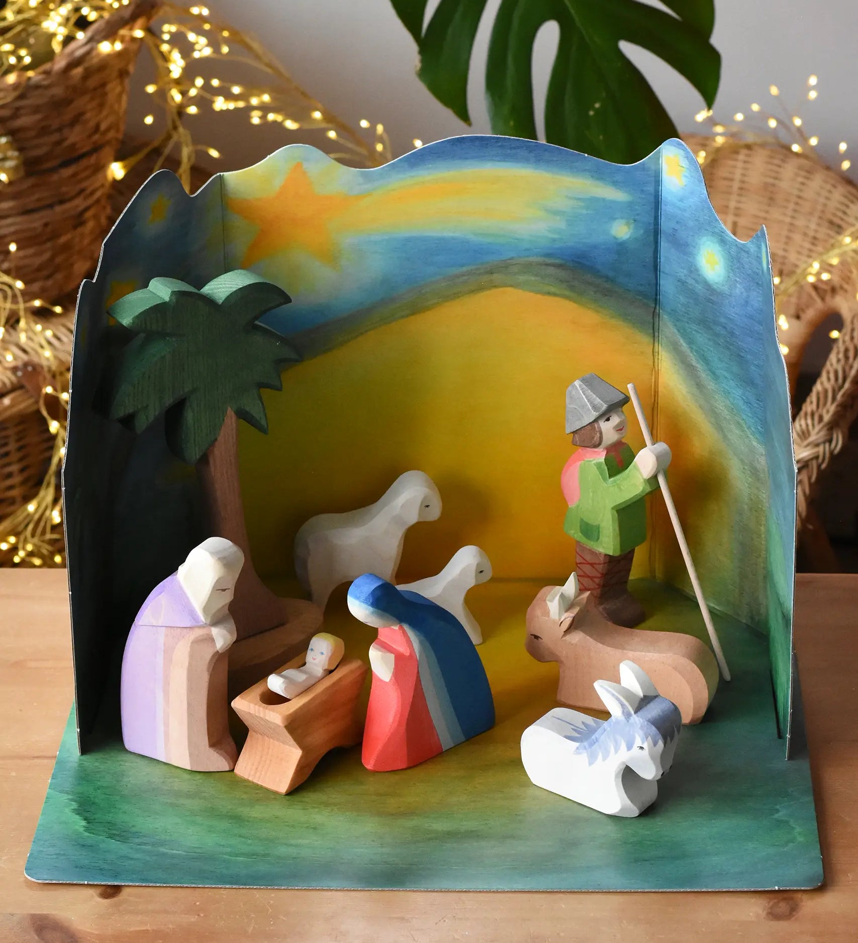 Ostheimer wooden toy nativity set with cardboard diorama scene. 