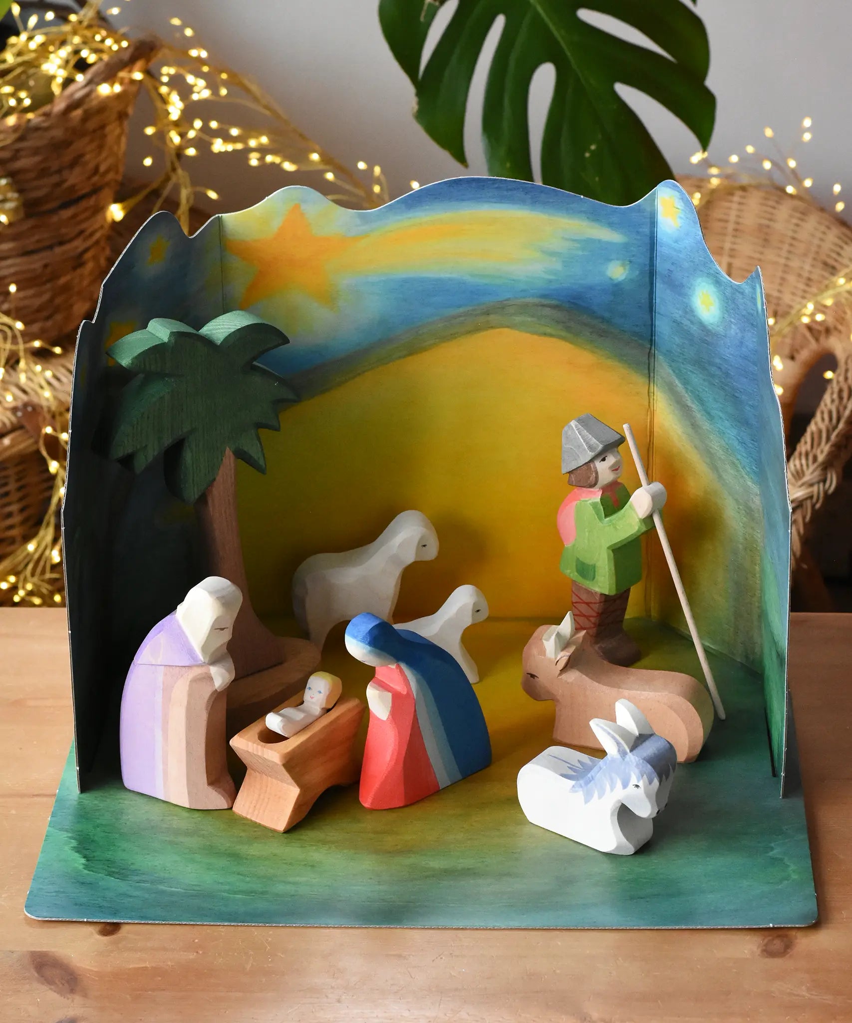 Ostheimer wooden toy nativity set with cardboard diorama scene. 