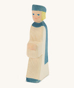 Ostheimer Blue King’s Page wooden nativity figure, a Waldorf inspired Star Singer with white skin and blond hair, wearing a white robe with a blue cloak and blue hat, hand painted 
