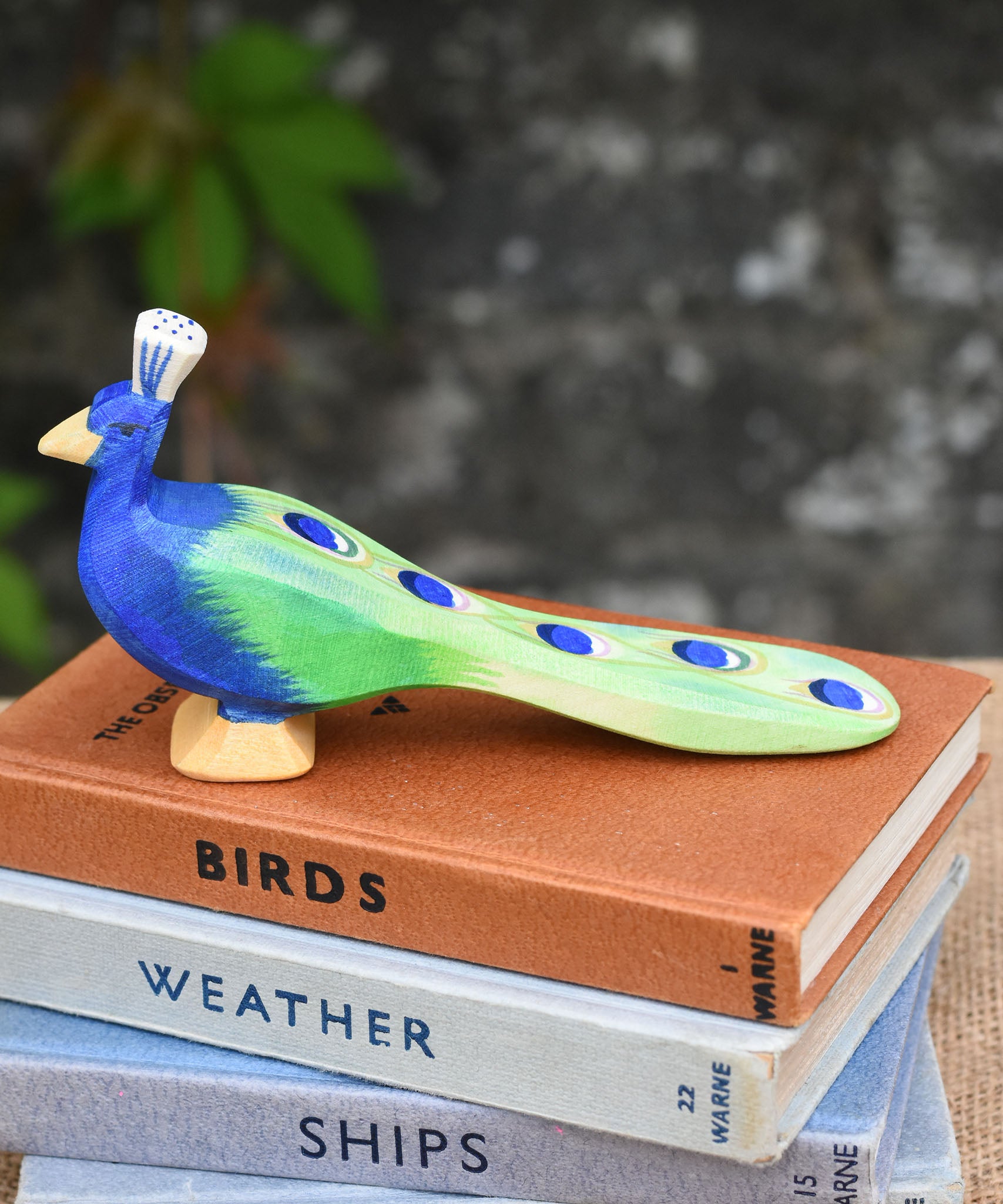 An Ostheimer peacock wooden toy figure with it's feathersdown  placed on a pile of books.
