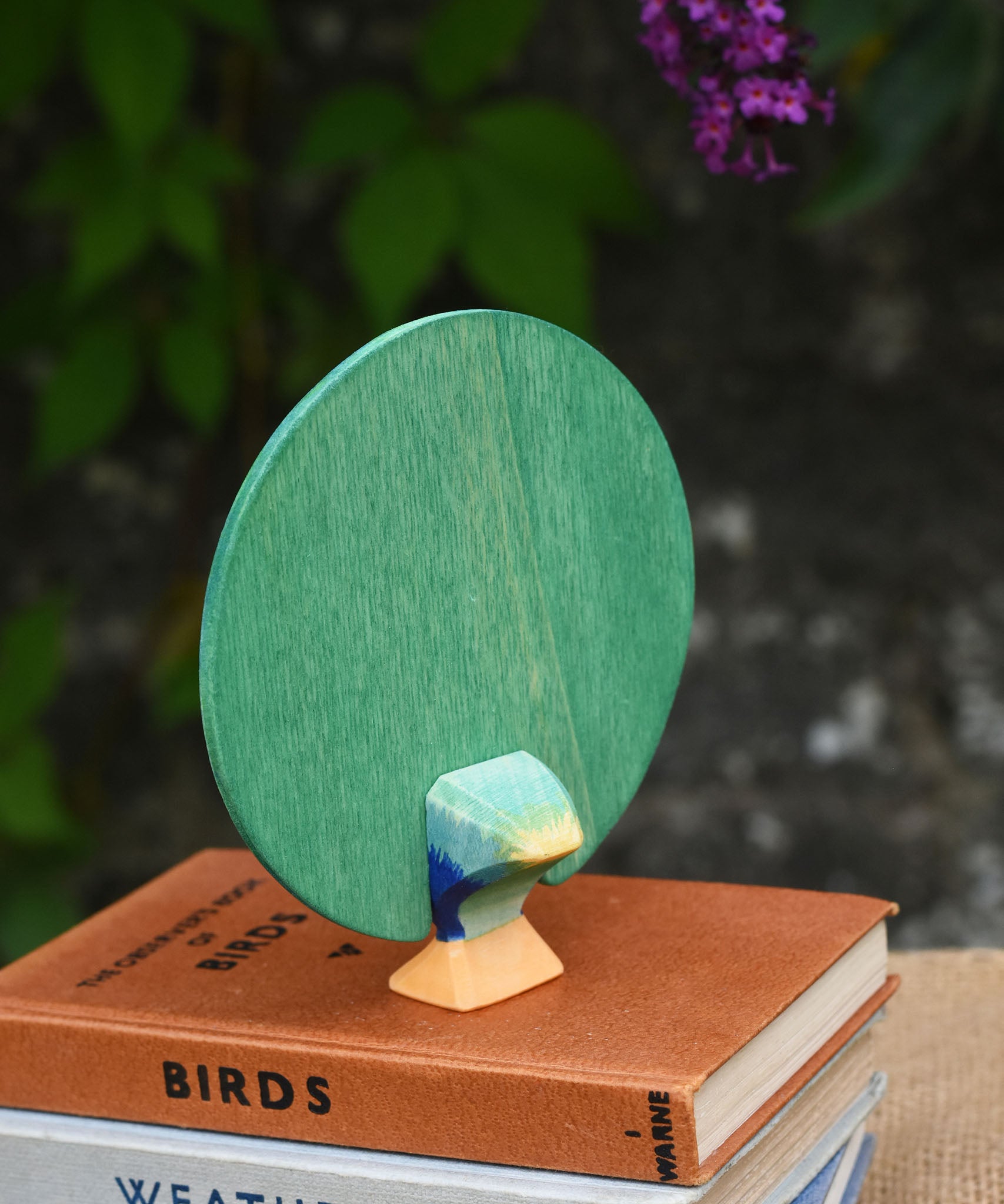 A view of the back of the Ostheimer peacock wooden toy figure with open feathers placed on a pile of books.