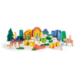 A simple play scene using all the pieces from the Ostheimer Rainbow Rider Farm Blocks set along with other horse figures and grass scene pieces. 