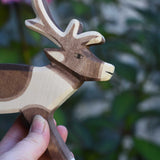 A close up of the face oh the Ostheimer reindeer figure. Check out our full range of expertly crafted wooden toy figures and scenery here at Babipur.