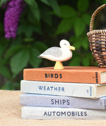 An Ostheimer seagull placed on a pile of books.